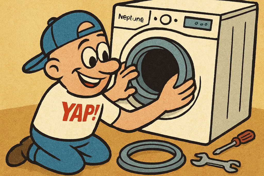 YAP Dude kneeling in front of an open Maytag Neptune front-load washer, his hand