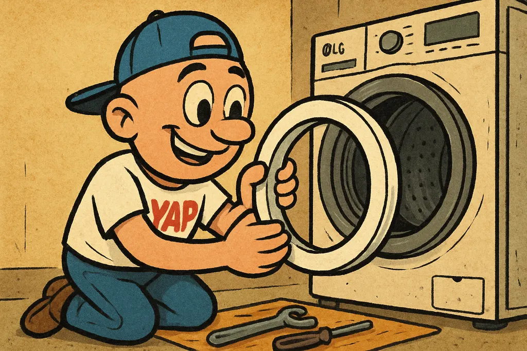 Cartoon scene: the YAP Dude kneeling in front of an LG front-load washer with th