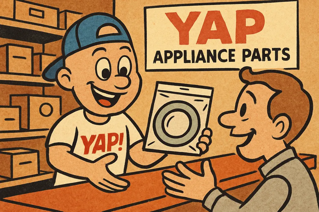 Cartoon scene inside the YAP appliance parts store in Piedmont, OK. The YAP Dude