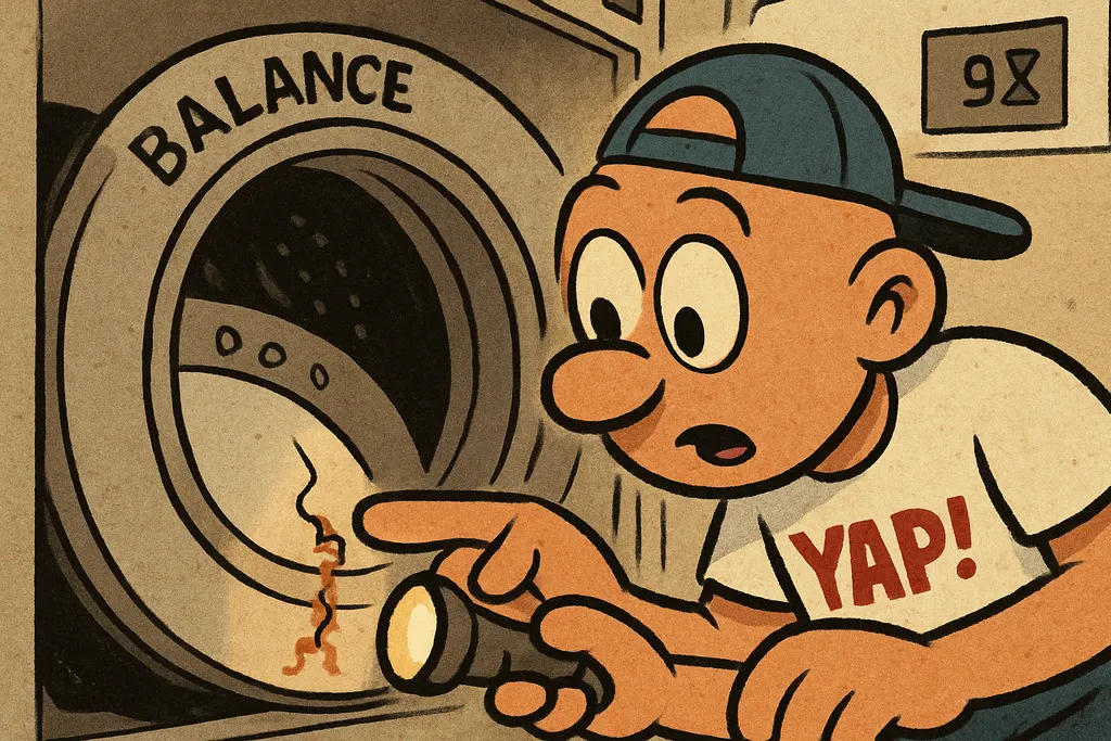 Cartoon scene: the YAP Dude is crouched down in front of an open LG front-load w