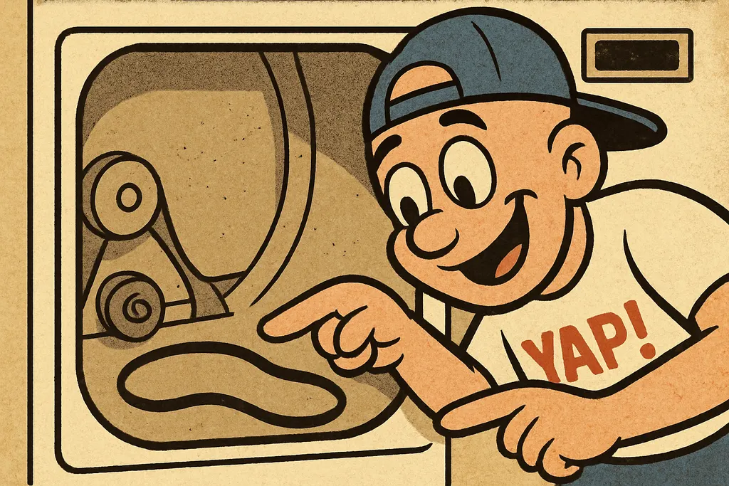 Cartoon scene inside the open cabinet of a Whirlpool WED5000DW dryer with the fr
