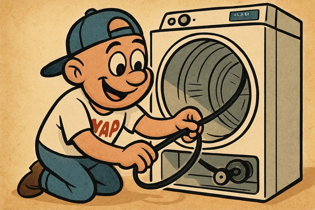 Cartoon scene of YAP Dude kneeling in front of a Whirlpool WED5000DW dryer with 