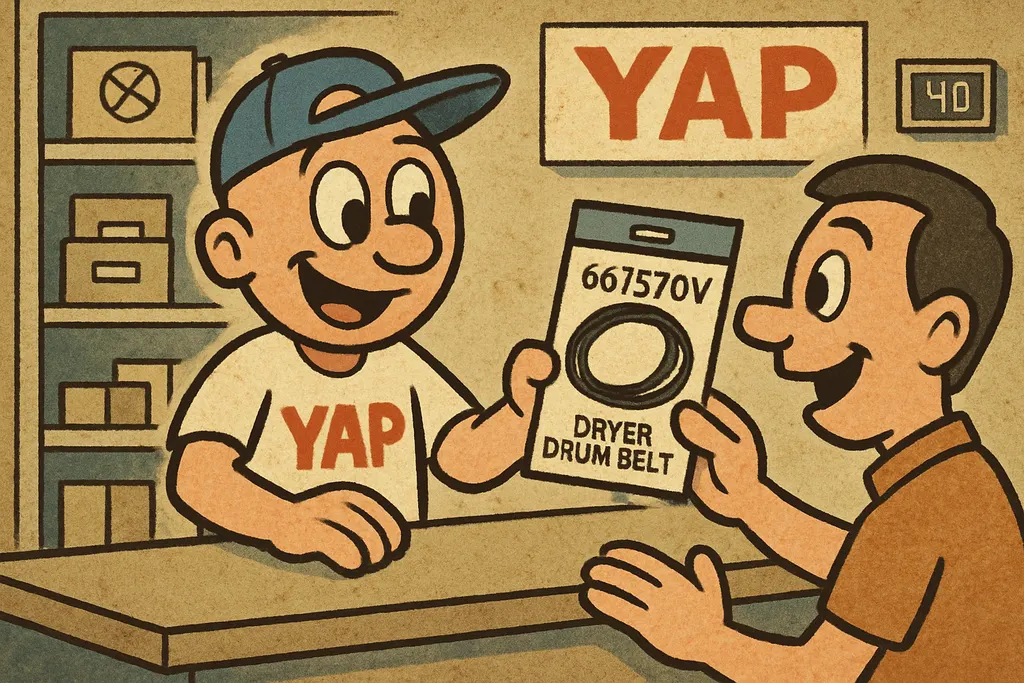 Cartoon scene inside the YAP appliance parts store in Piedmont, Oklahoma. YAP Du