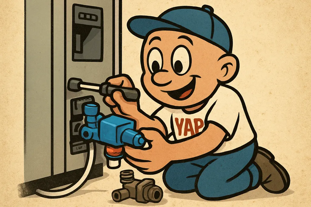 YAP Dude kneeling behind a GE side-by-side refrigerator, his hands installing a 