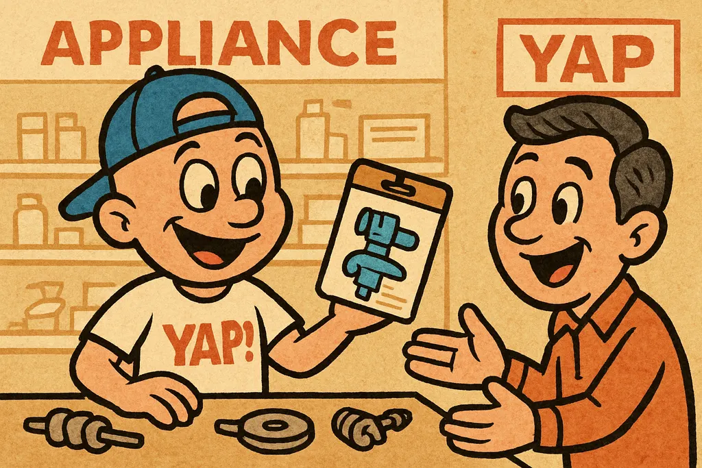 Inside a bright, organized appliance parts store with a counter full of parts an