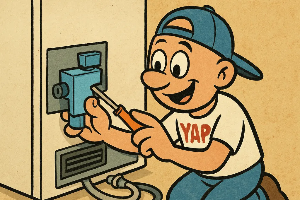 YAP Dude kneeling behind a Frigidaire side-by-side refrigerator, confidently ins