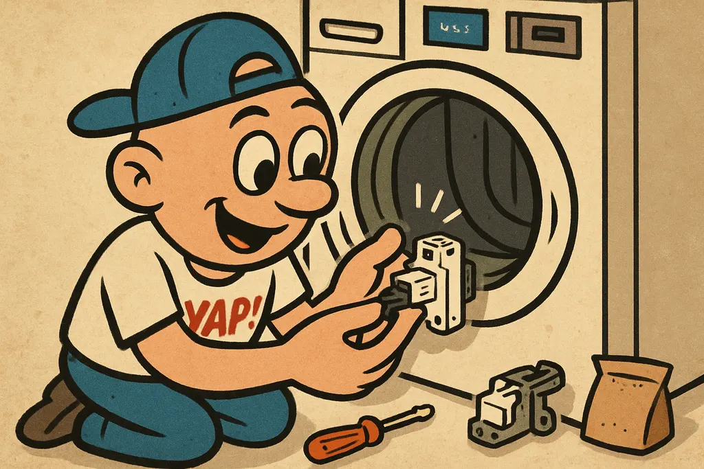 Cartoon scene of the YAP Dude kneeling in front of a Maytag front-load washer wi