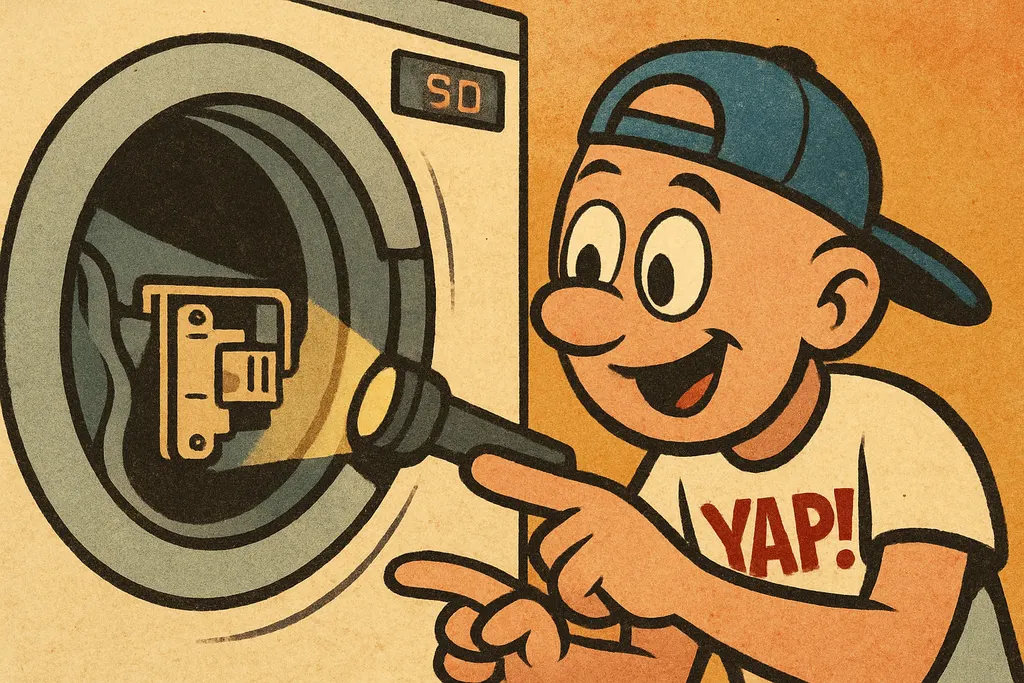 Cartoon scene of the YAP Dude crouched down in front of an open Maytag front-loa