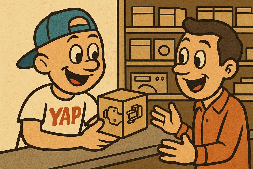 Cartoon scene inside the YAP appliance parts shop in Piedmont, OK. The YAP Dude 