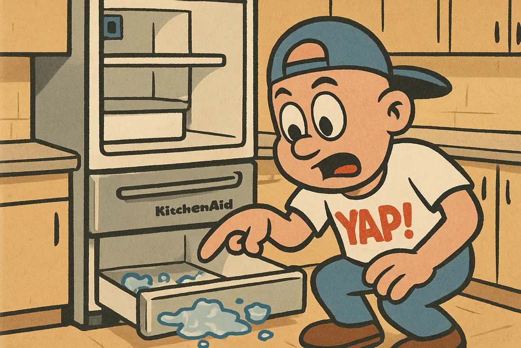 Cartoon scene inside a modern kitchen. A KitchenAid French door refrigerator sta