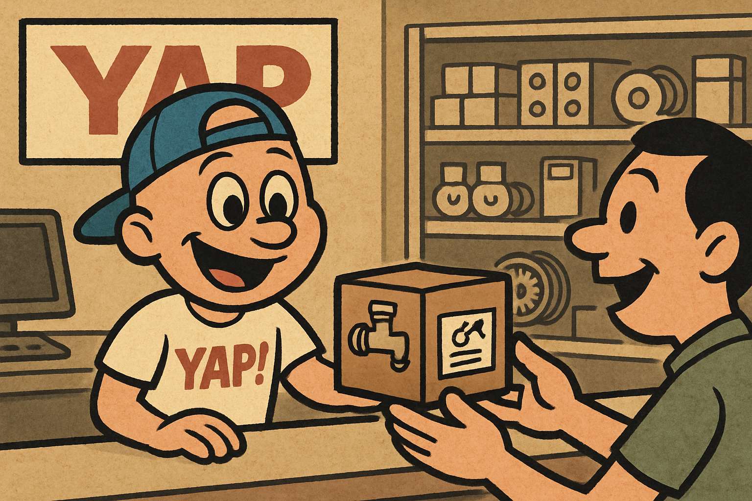 Inside the YAP appliance parts store in Piedmont, Oklahoma, YAP Dude is standing