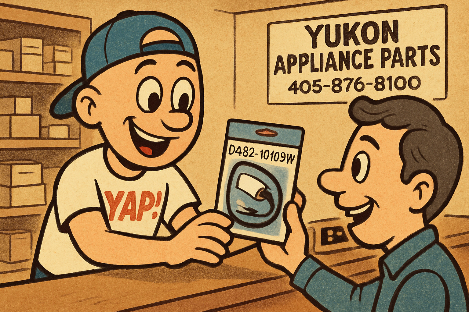 Cartoon scene inside the YAP appliance parts shop in Piedmont, Oklahoma. The YAP