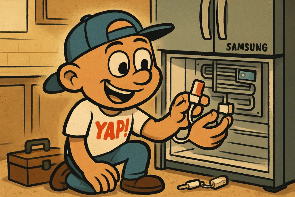 Cartoon scene of the YAP Dude kneeling beside an open Samsung French door refrig