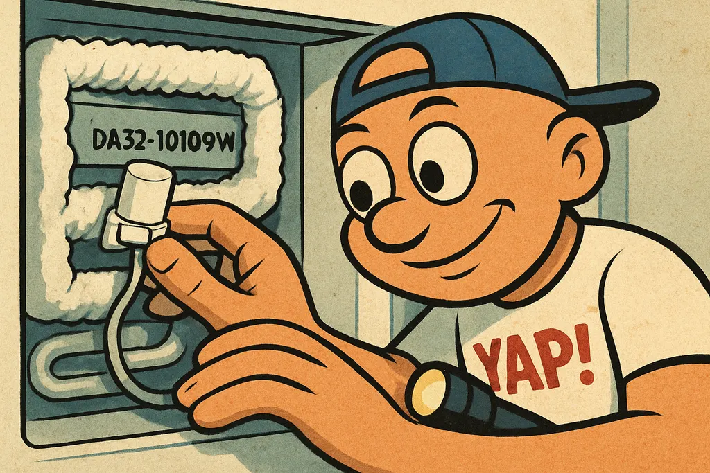 Cartoon scene of the YAP Dude leaning in close to the open back panel of a Samsu