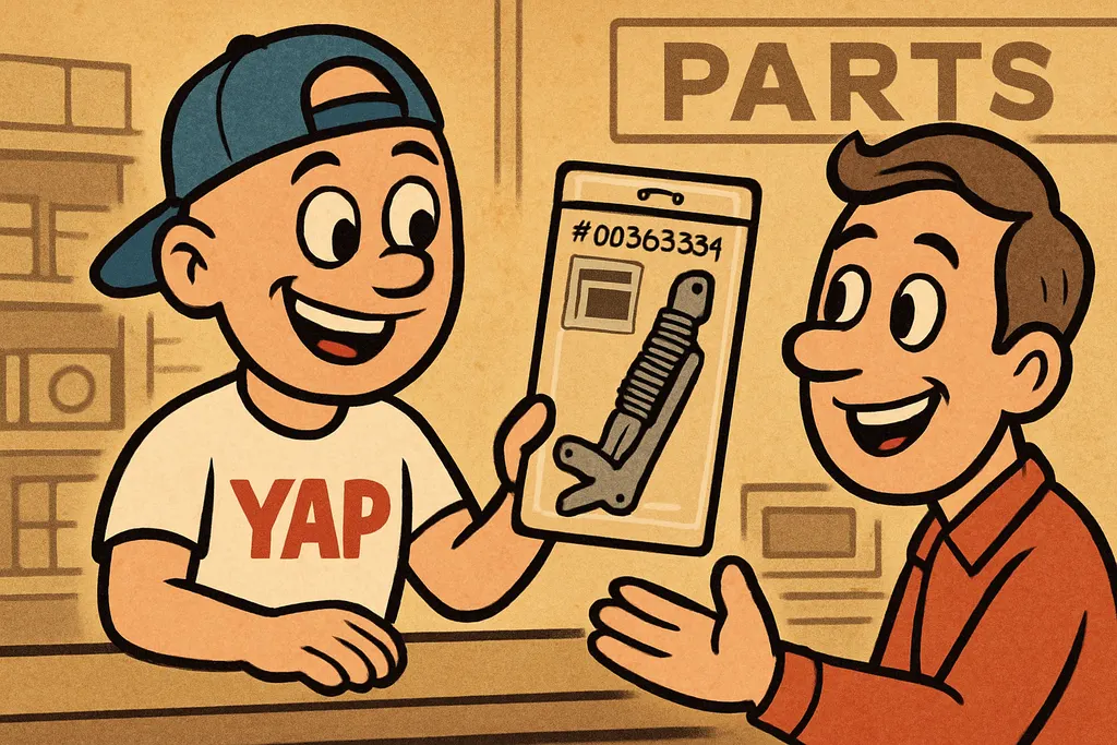 Inside the YAP parts store in Piedmont, Oklahoma, the YAP Dude stands behind the