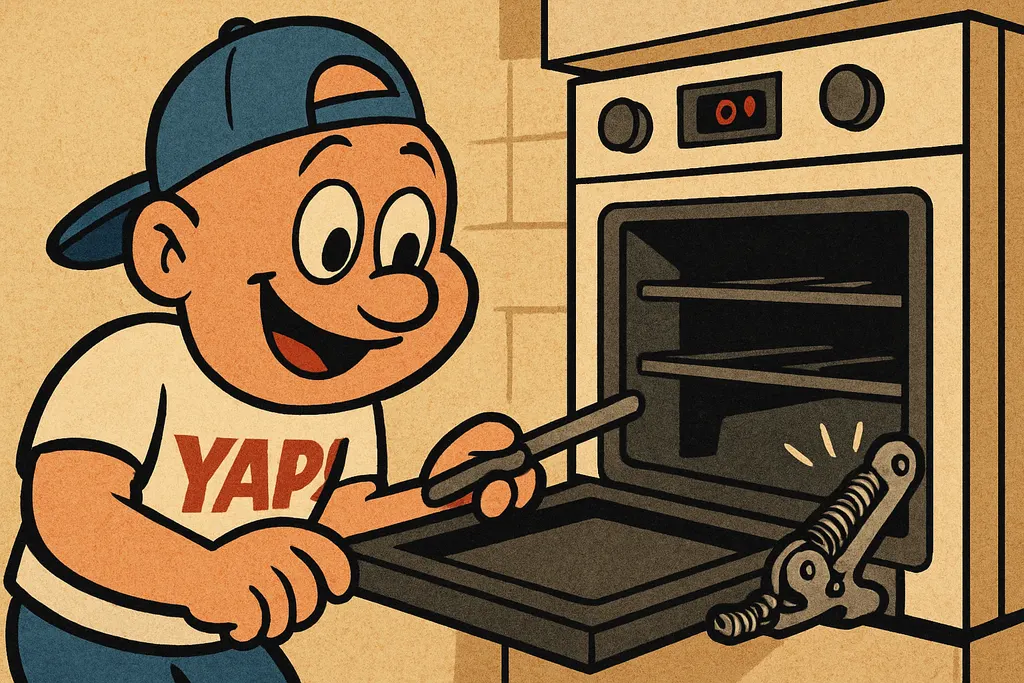 YAP Dude leaning in close to an open Bosch oven, his hands pulling the oven door