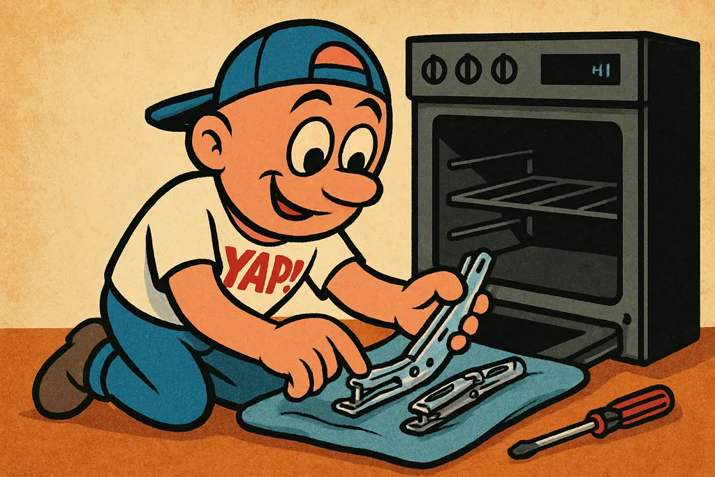 YAP Dude kneeling in front of a Bosch oven, carefully sliding a brand-new Bosch 