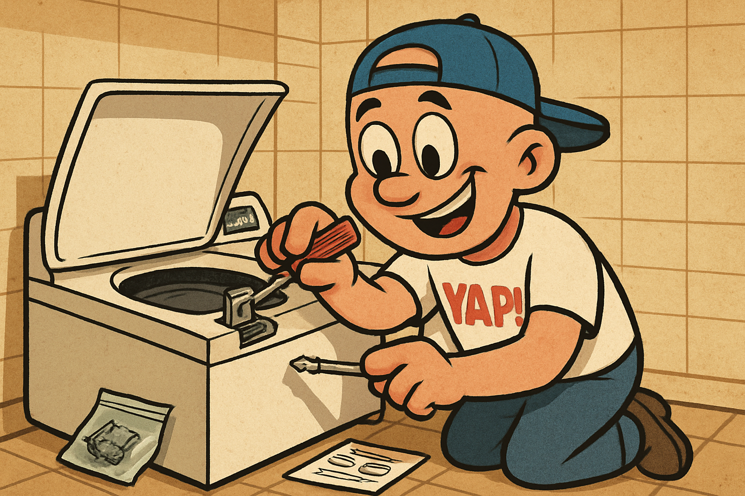 Cartoon scene in a residential laundry room. The YAP Dude is mid-repair on a top