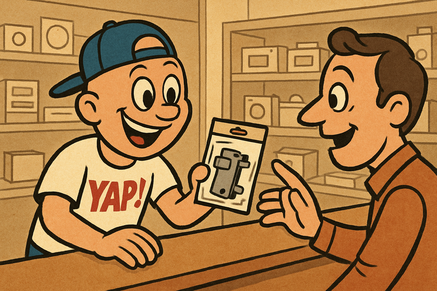 Cartoon scene inside the YAP appliance parts store in Piedmont, OK. The YAP Dude
