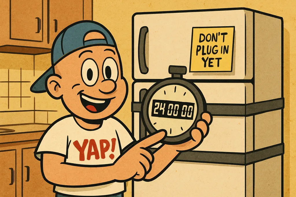 A cartoon scene in a kitchen. The YAP Dude is standing next to a large upright r