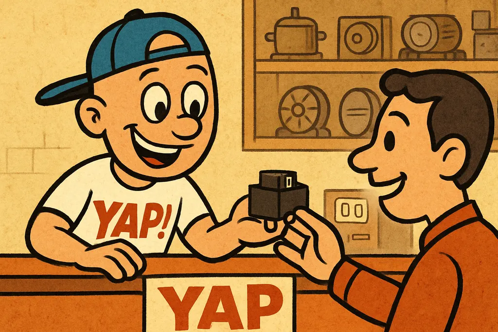 A cartoon scene inside the YAP appliance parts store in Piedmont, OK, with shelv