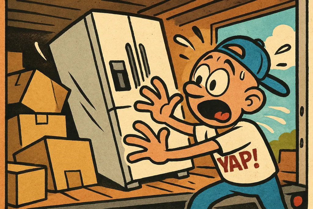 A cartoon scene inside a chaotic moving truck. The YAP Dude is reacting in alarm