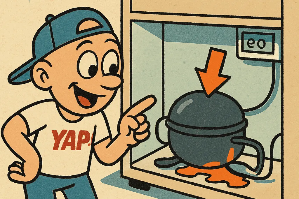 A cartoon cutaway/diagram-style scene showing the YAP Dude leaning in close and 