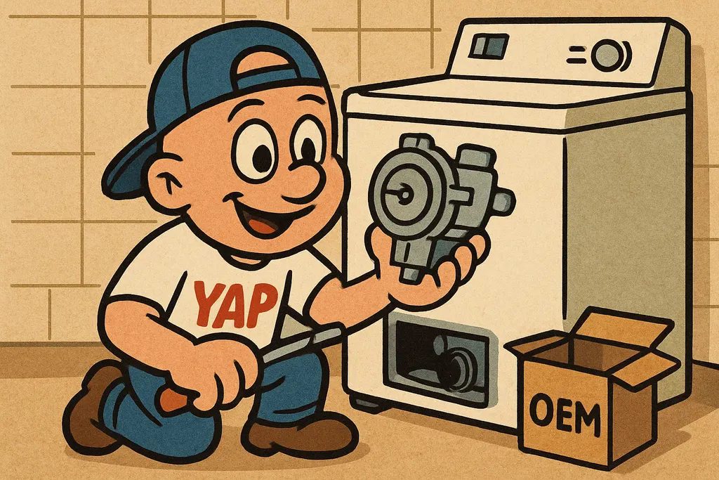 Cartoon scene: YAP Dude crouched beside a top-load Whirlpool washer in a home la