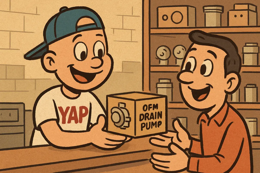 Cartoon scene inside the YAP appliance parts store in Piedmont, Oklahoma. YAP Du