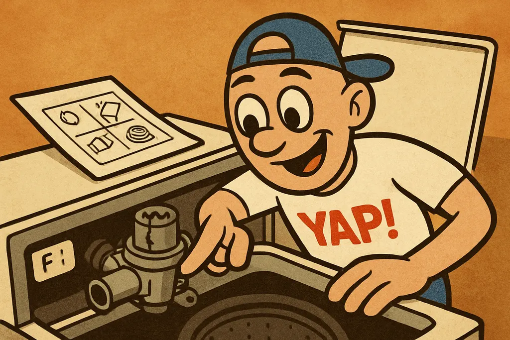 Cartoon close-up scene: YAP Dude leaning in over a disassembled top-load Whirlpo