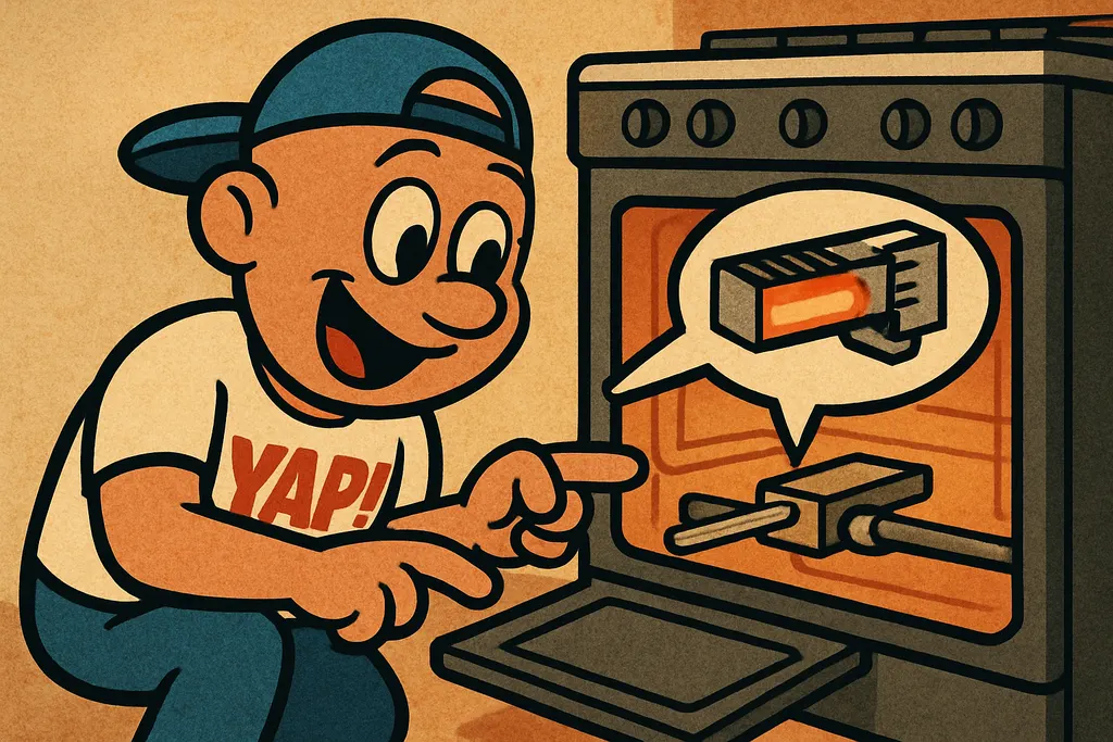 Cartoon scene: YAP Dude crouching in front of an open Whirlpool gas range oven w