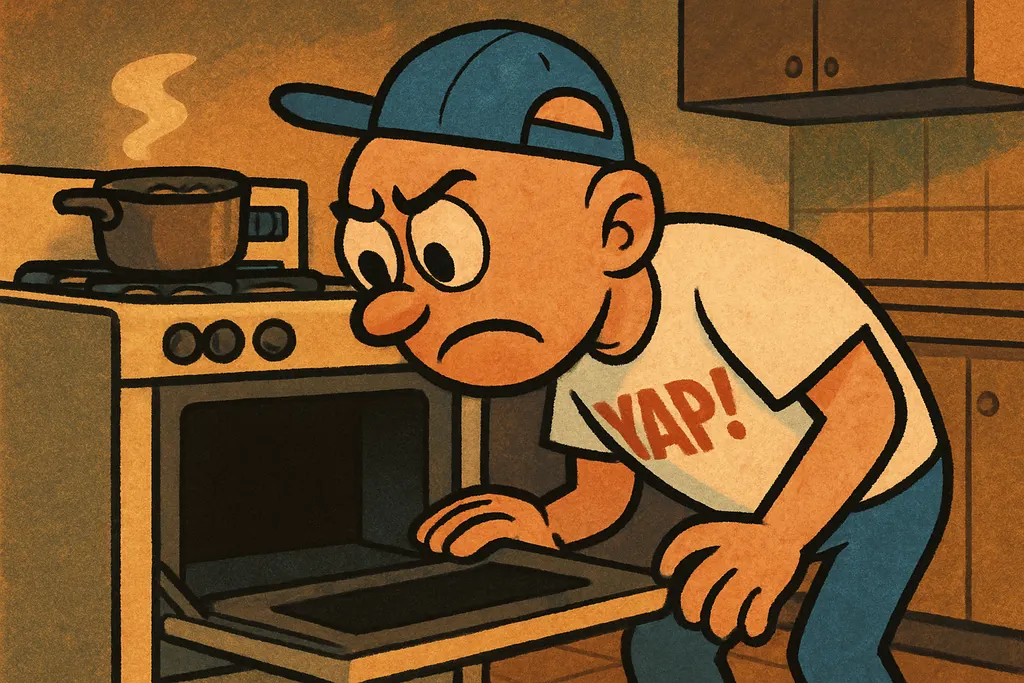Cartoon scene: A frustrated person standing in a kitchen at night, leaning down 