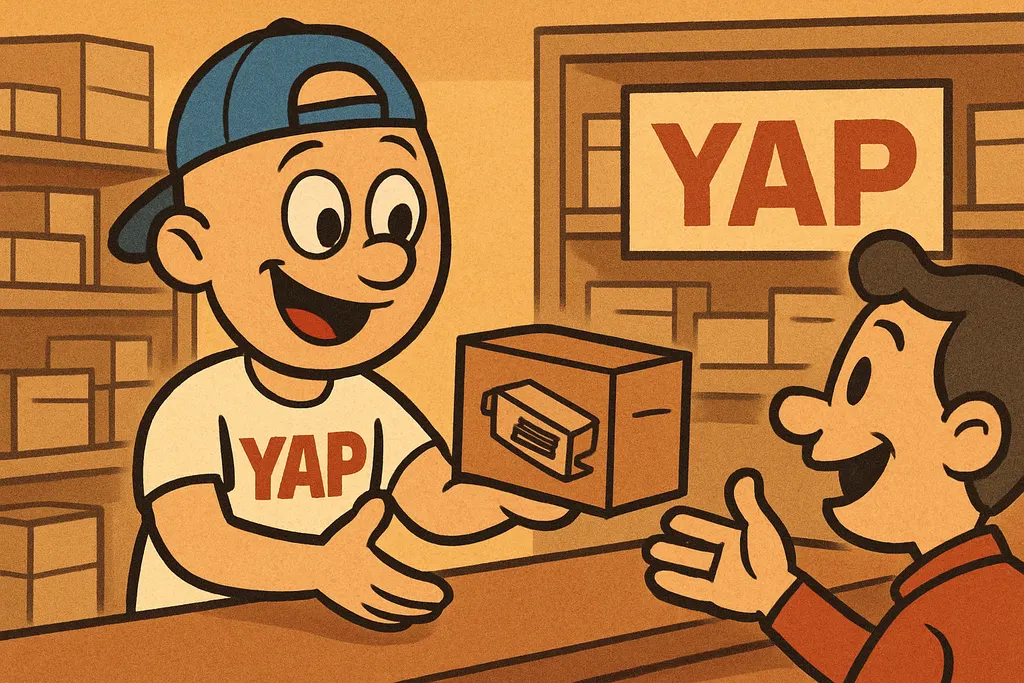 Cartoon scene: Inside the YAP appliance parts store in Piedmont, OK. YAP Dude is