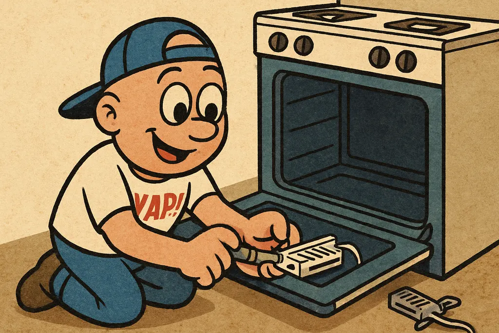 Cartoon scene: YAP Dude kneeling in front of an open Whirlpool gas range oven, h