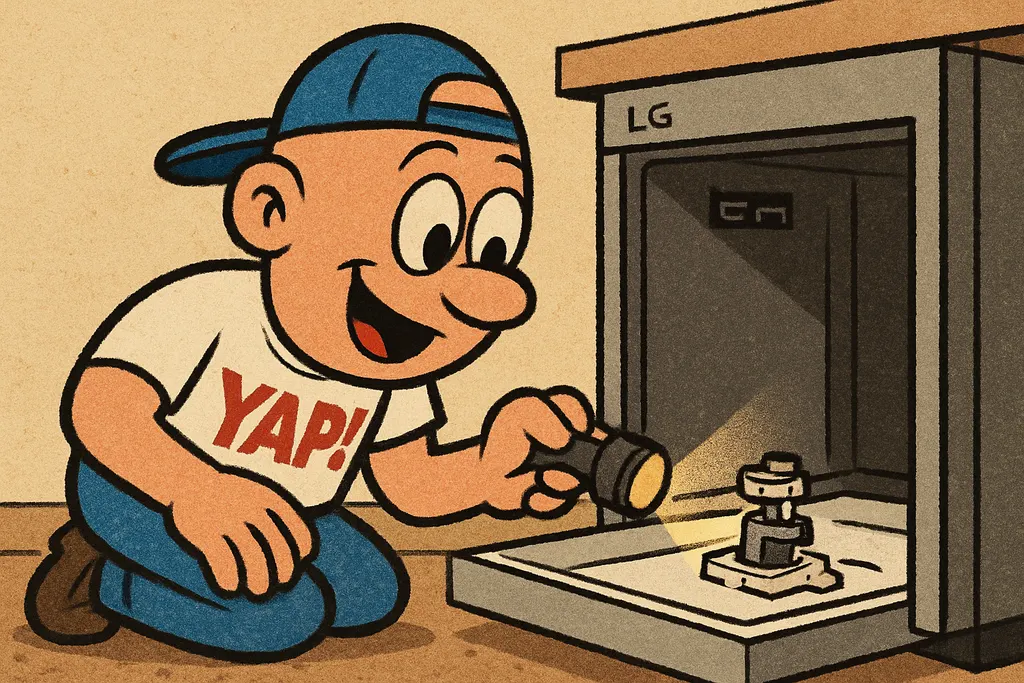 Cartoon scene: YAP Dude kneeling on the floor beside an LG dishwasher that has b