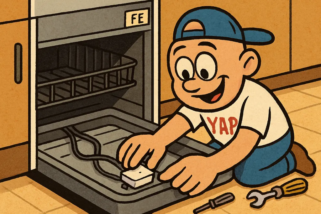 Cartoon scene: YAP Dude kneeling beside an LG dishwasher on the kitchen floor, h