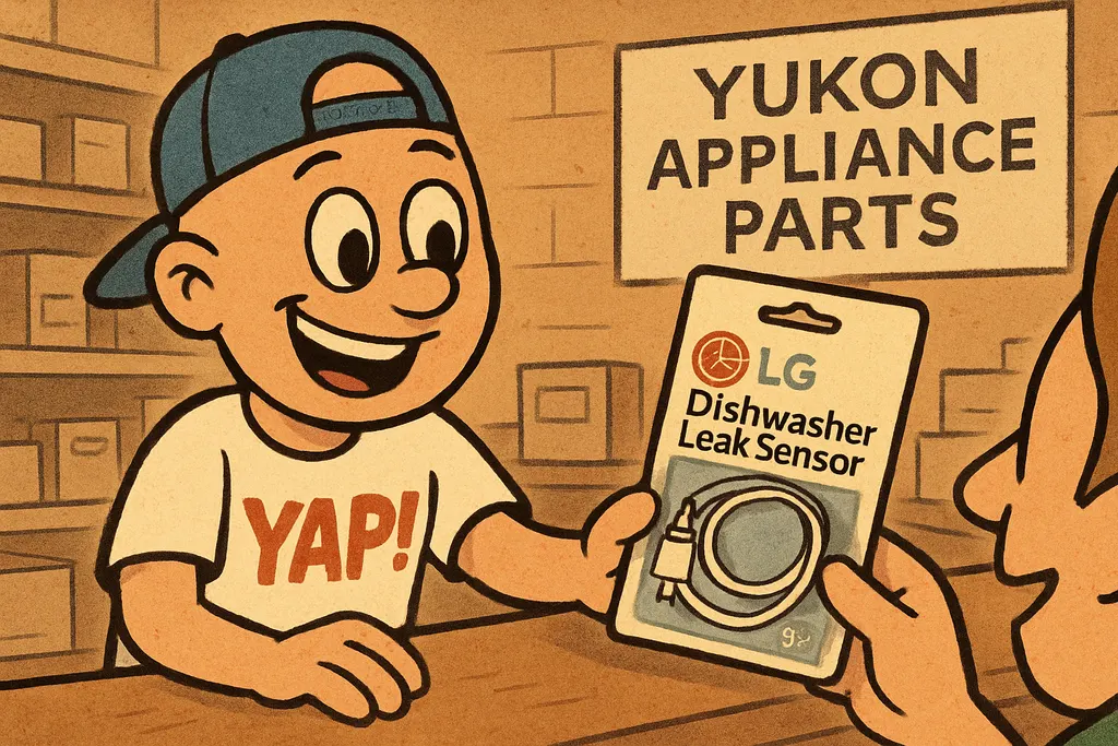 Cartoon scene: Inside the YAP appliance parts store in Piedmont, Oklahoma. YAP D