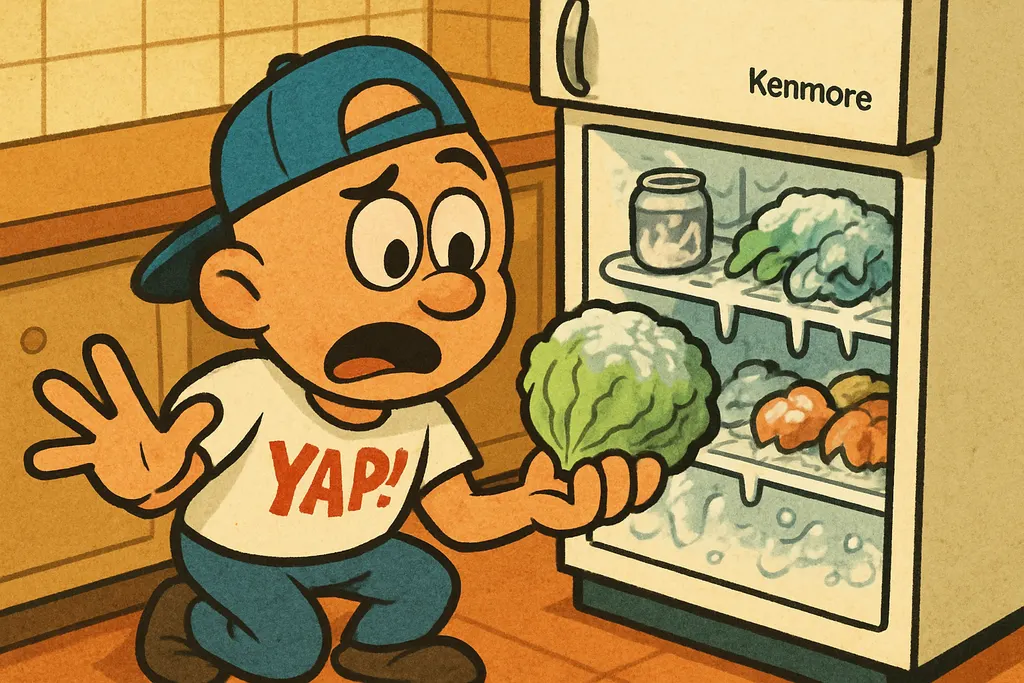 Cartoon scene inside a kitchen showing a frustrated homeowner opening their Kenm