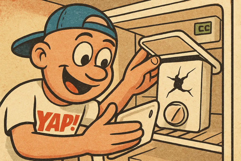 YAP Dude leaning in close to the top interior of an open Kenmore refrigerator's 