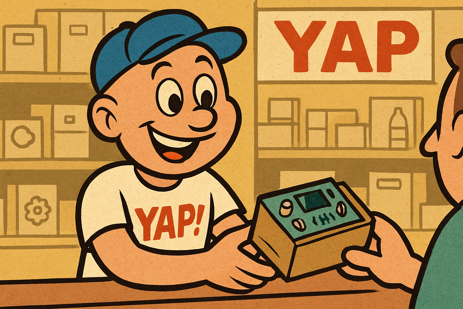 YAP Dude standing behind the parts counter inside the YAP appliance parts store 