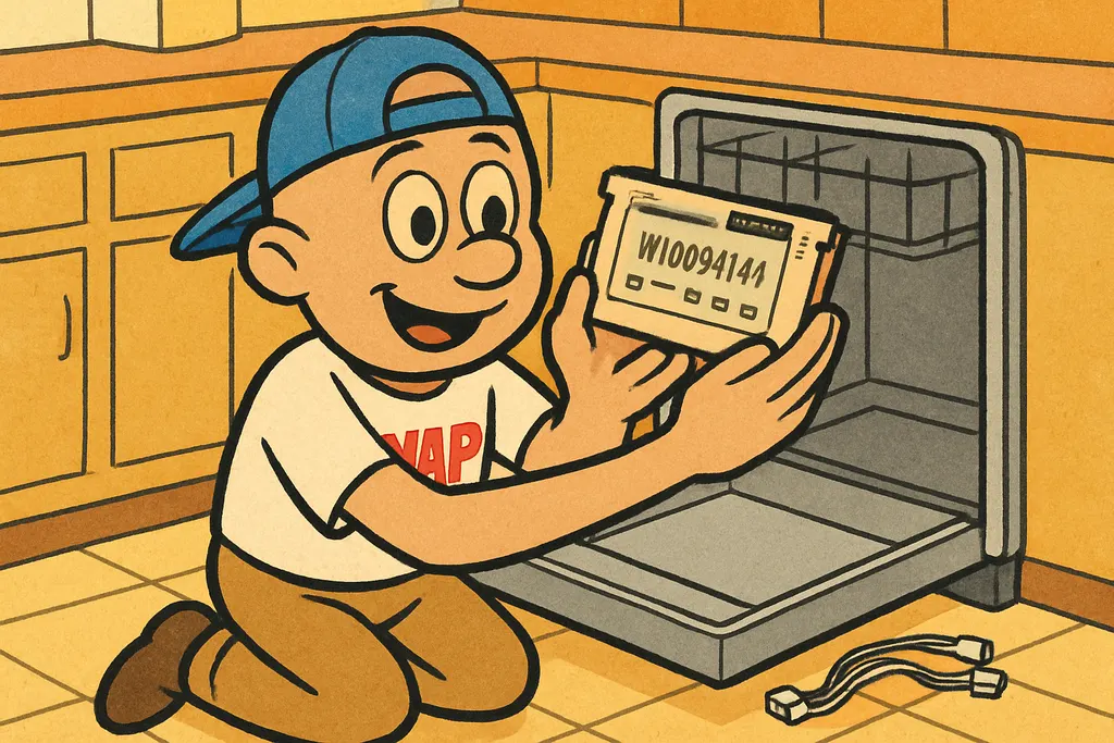 YAP Dude kneeling in front of an open Maytag dishwasher door, his hands pressing
