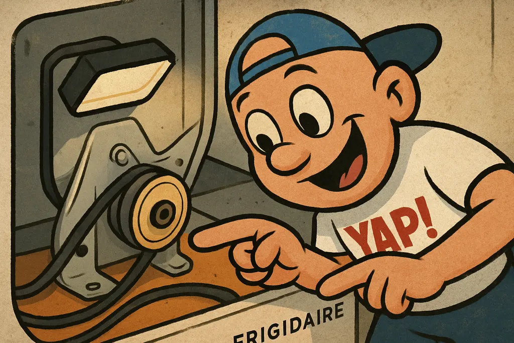 YAP Dude leaning in close over the open interior of a disassembled Frigidaire dr