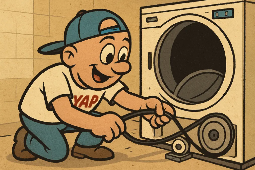 YAP Dude crouched in front of an open Frigidaire dryer cabinet in a home laundry