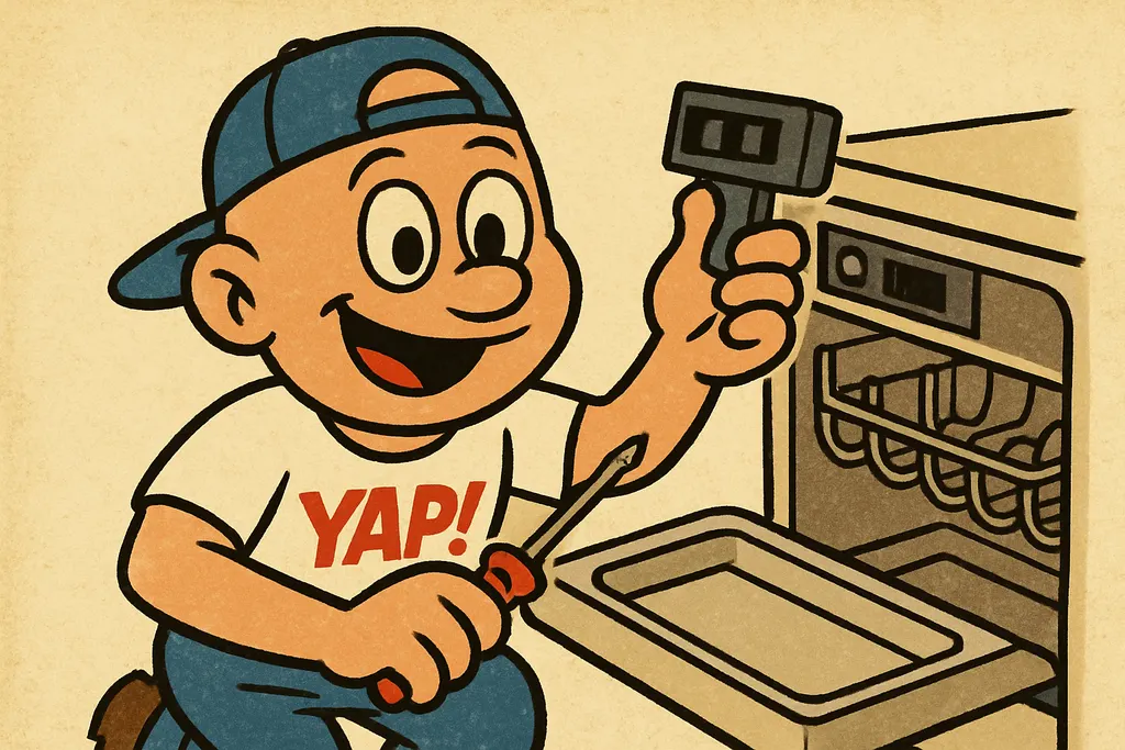 Cartoon scene: the YAP Dude kneeling in front of an open Whirlpool dishwasher, c