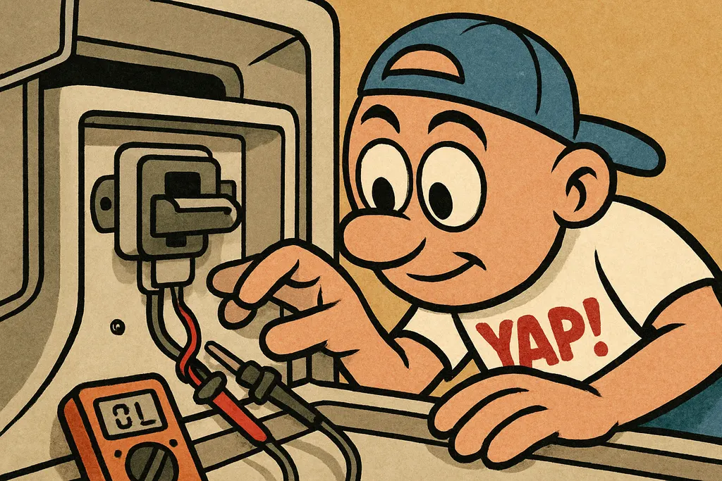 Cartoon close-up scene: the YAP Dude crouching down and leaning in toward the to
