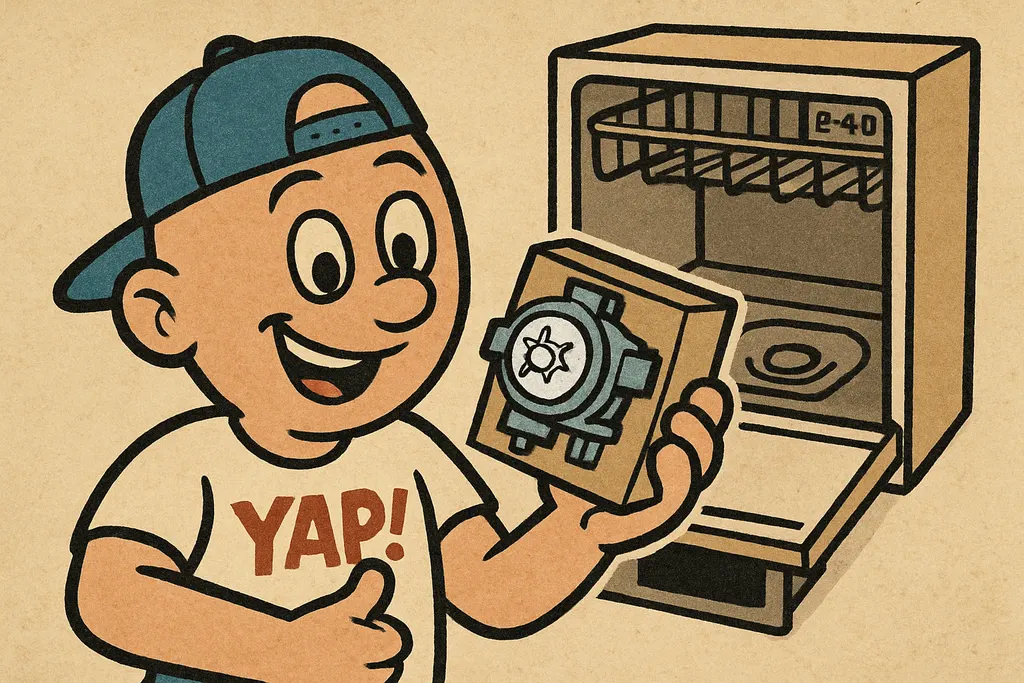Cartoon scene of the YAP Dude at a workbench, confidently holding up a brand-new