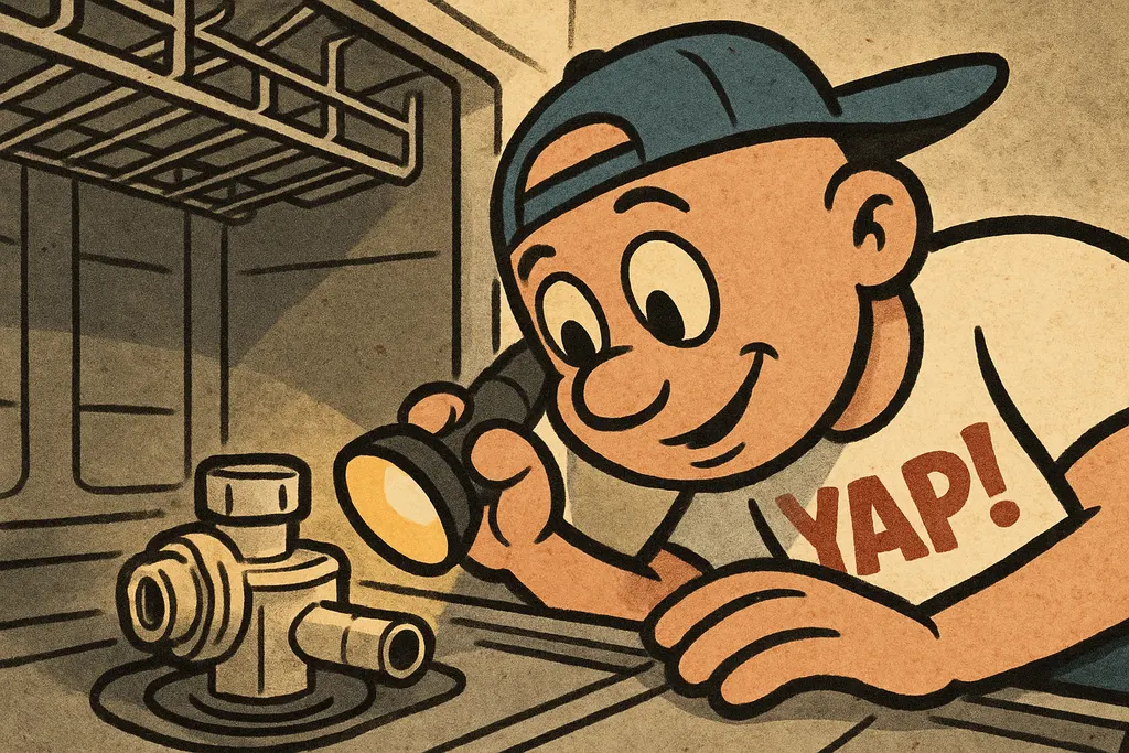 Cartoon close-up of the YAP Dude leaning in toward an open KitchenAid dishwasher