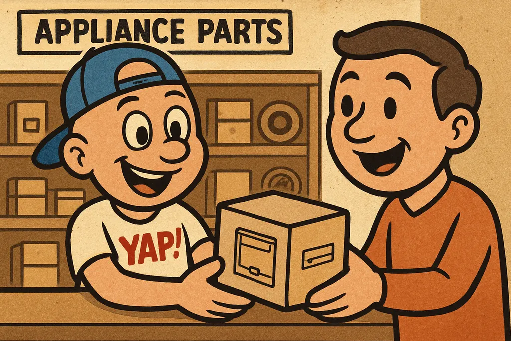 Cartoon scene inside the YAP appliance parts shop in Piedmont, Oklahoma — the YA