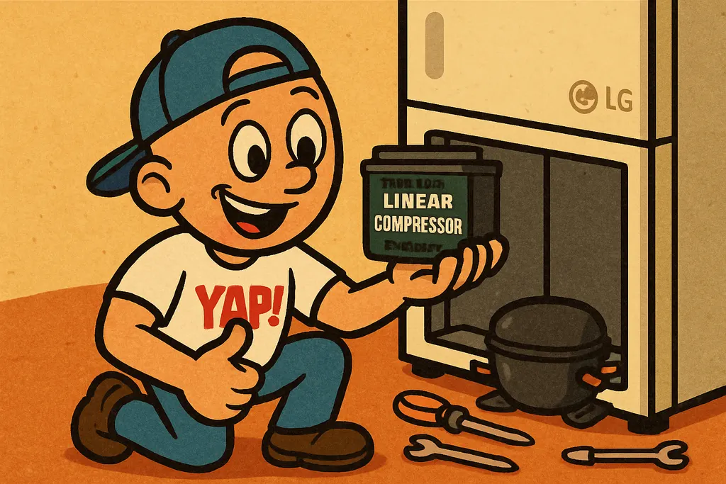 YAP Dude kneeling on the floor next to an LG refrigerator with the rear bottom p