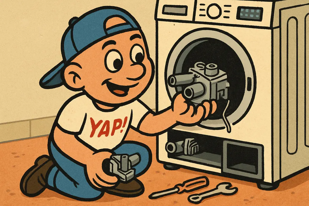 Cartoon action shot: YAP Dude kneeling on the floor beside a Bosch front-load wa
